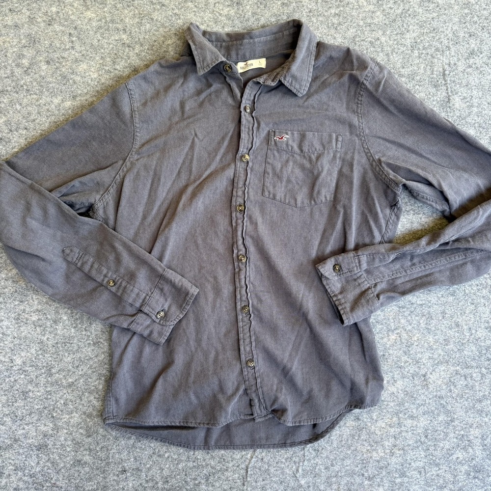 Hollister‎ Shirt Mens Large Gray Long Sleeve Button Up Casual Pocket Logo Y2K